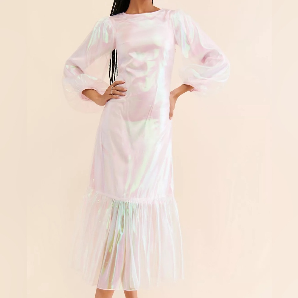 NWT Pinnacle By Shruti Sancheti Metallic Organza Maxi Dress Pink Iridescent XS